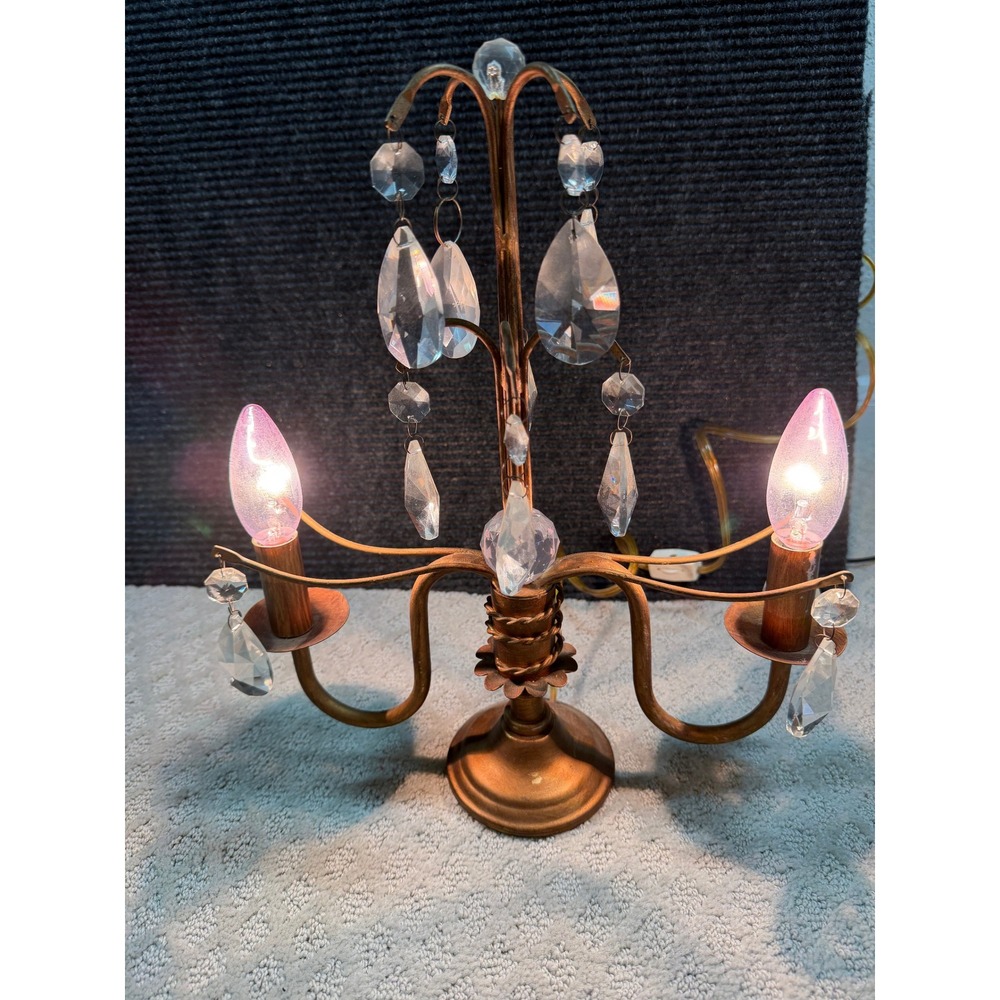 Vintage Style Candelabra Table Lamp Bronze Metal Faux Crystal Prisms 2-Light